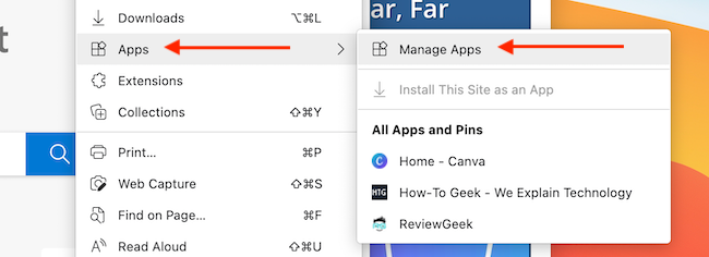 From the Menu in Edge, go to Apps &gt; Manage Apps. 