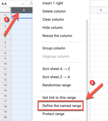 To apply a new named range to a selected row or column, right-click the selected cells, then press the 