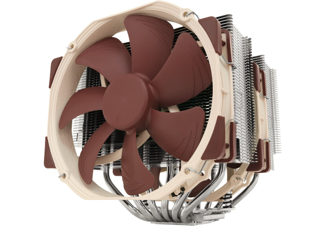 A brown Noctua air cooler with fans and massive silver heatsinks.