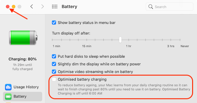 After disabling Optimized Battery Charging feature, click the red Close button to exit System Preferences. 