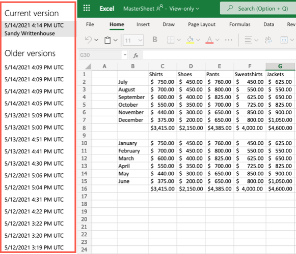 Previous Versions in Excel for the Web