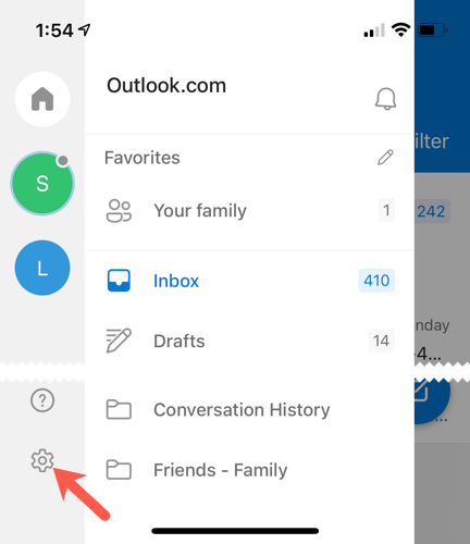 Tap Profile, Settings in Outlook