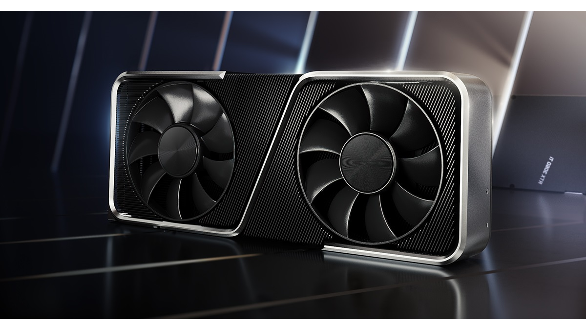 Nvidia&rsquo;s RTX 3060Ti graphics card on a reflective background.