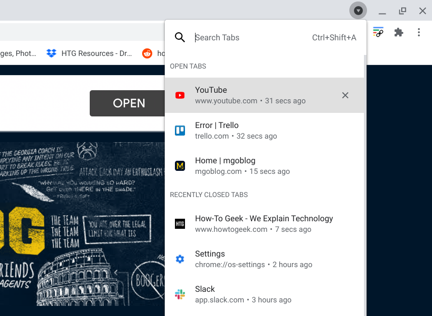 Recently closed tabs in Tab Search menu.