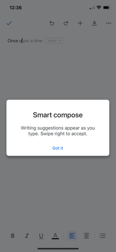 Smart Compose Enabled Message in Google Docs on iPhone