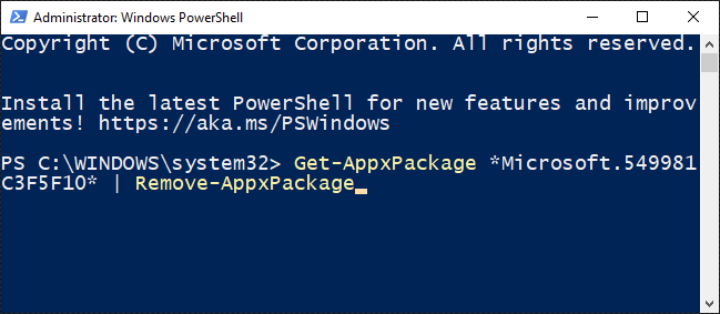 Type the command to delete Cortana for current user in the PowerShell