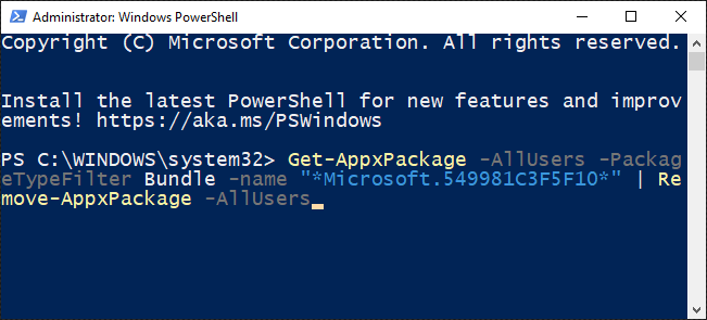 Type the command to delete Cortana for all users in the PowerShell