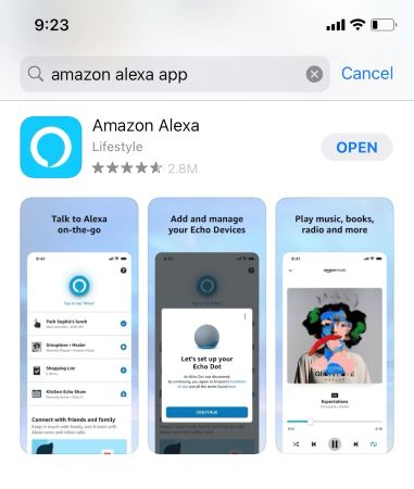 Downloading the Alexa app from the App Store.
