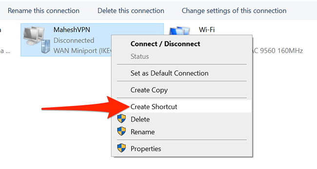 Right-click a VPN and select "Create Shortcut" from the menu in Control Panel.