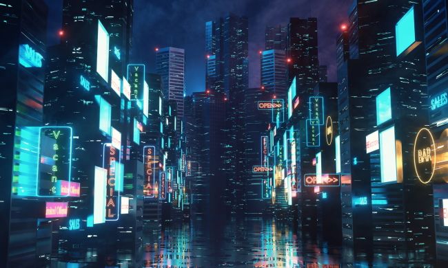 A cyberpunk-style city street with neon lights.