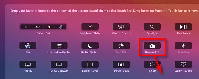 Drag the screenshot (camera) icon down into your Mac's Touch Bar.