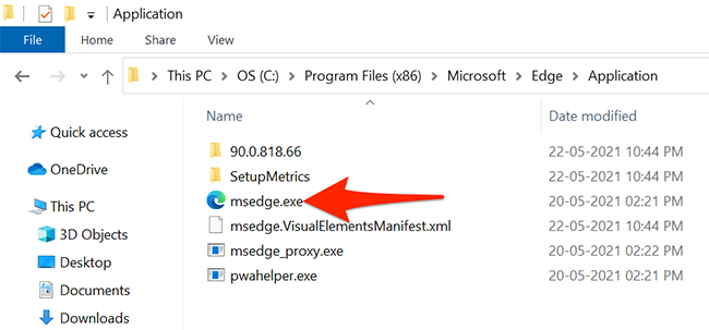 Microsoft Edge's executable file in a File Explorer window.
