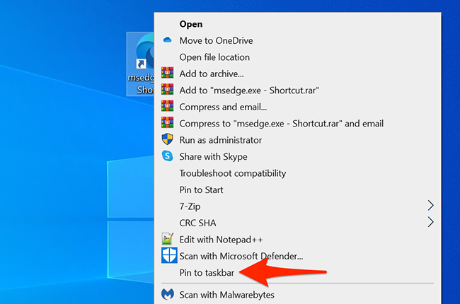 Right-click Edge's desktop shortcut and select "Pin to taskbar."