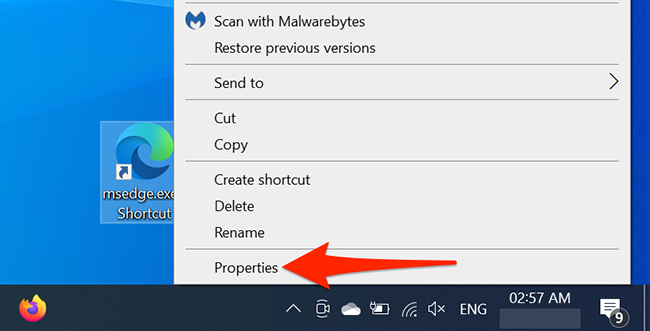 Right-click the Edge shortcut and select "Properties" on the Windows desktop.