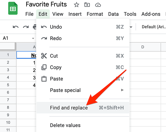 Select "Edit > Find and replace" on Google Sheets.
