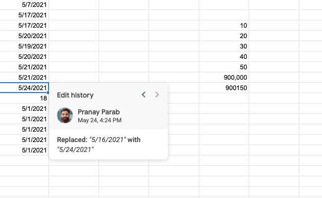 The edit history of a cell in Google Sheets