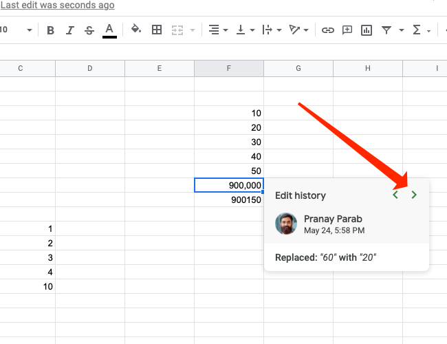 Click the right arrow to see newer changes to a cell in Google Sheets