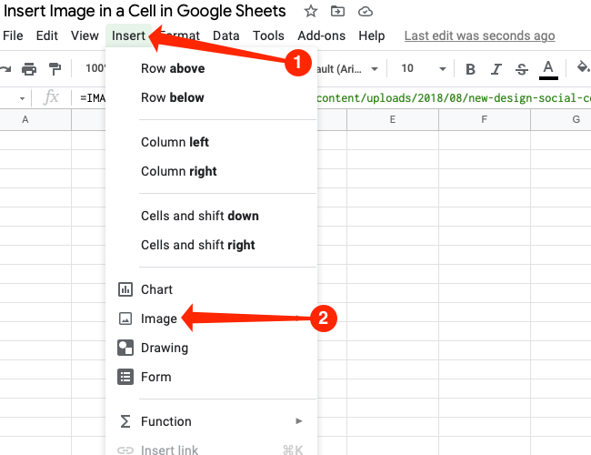 Click any blank cell in the spreadsheet and go to Insert > Image.