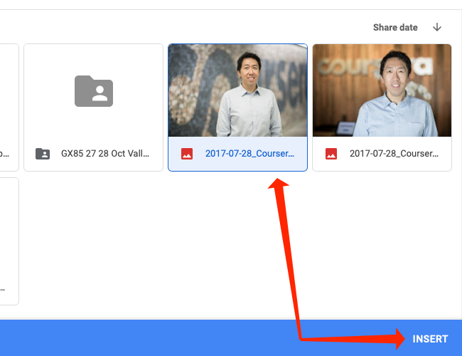 Select the image from Google Drive and click "Insert" to add it to a cell in Google Sheets.