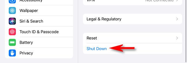 In iPad General settings, tap "Shut Down."