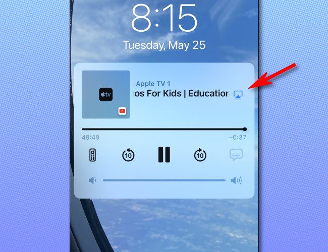 On the iPhone lock screen, tap the small AirPlay icon beside the media title.
