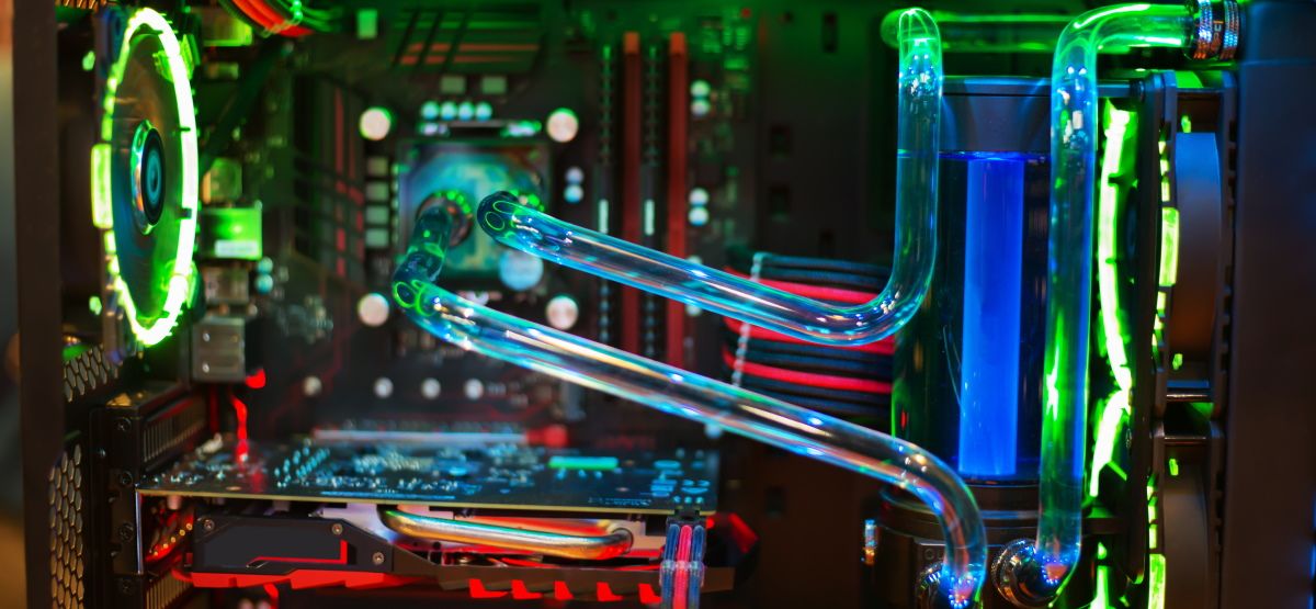 Water cooling tubing inside a gaming PC.