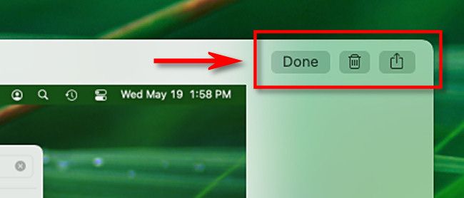 The "Done," trash can, and share buttons in macOS's screenshot editing mode.