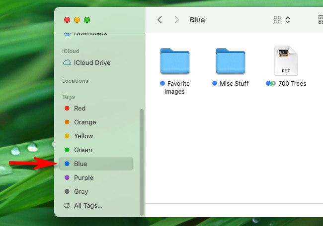 Click a tag in the Finder sidebar to sort files by tag.