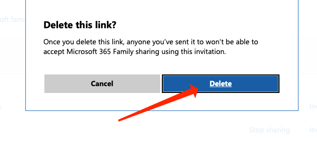 Click Delete to remove the invite link from your Microsoft 365 account