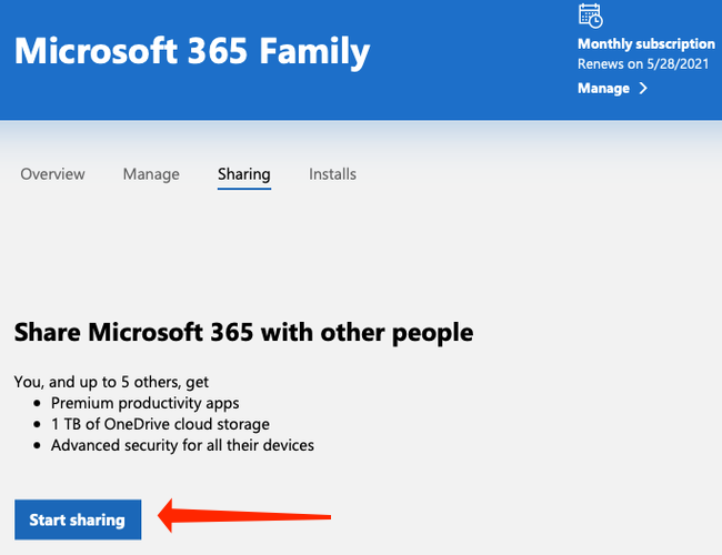 Click Start sharing to begin adding people to your Microsoft 365 family plan
