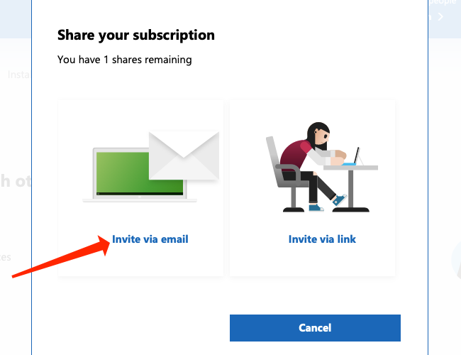 Click Invite via email to send an email invitation to your Microsoft 365 family