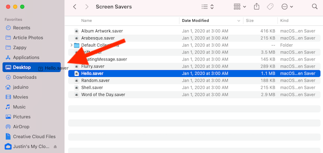 Move the Hello screen saver to your Desktop folder