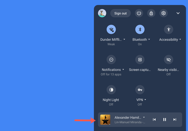 Click music controls in Chromebook quick settings