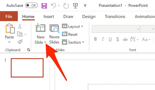 Click the arrow next to "New Slide" on the PowerPoint window.