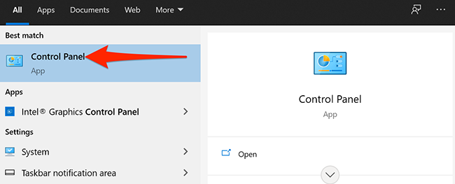Search for Control Panel in the Windows 10 Start menu