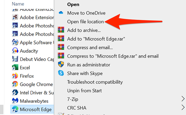 Right-click "Microsoft Edge" and select "Open file location" in a File Explorer window.