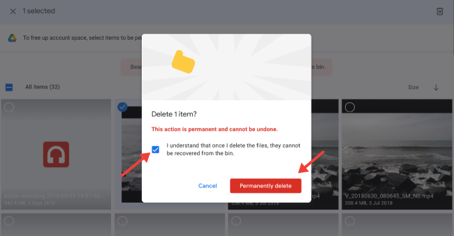 Permanently delete large items on Google Drive