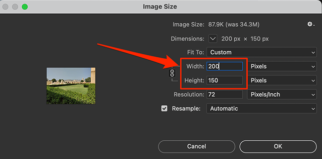 Resize a photo on the "Image Size" window in Photoshop.