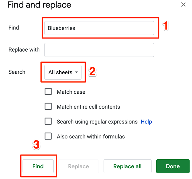 "Find and replace" window on Google Sheets.