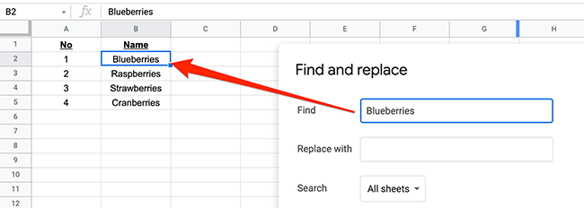 A cell highlighted with searched query on Google Sheets.