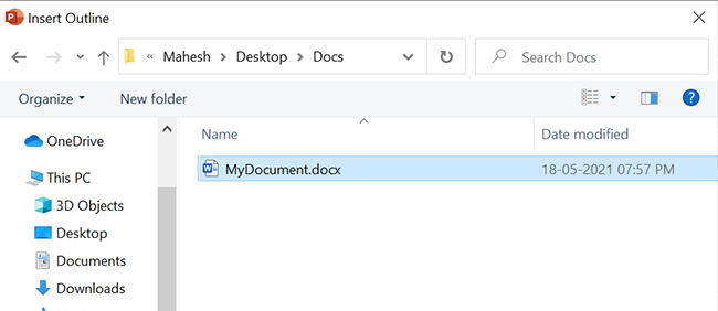 Select the Word document to convert to PowerPoint.