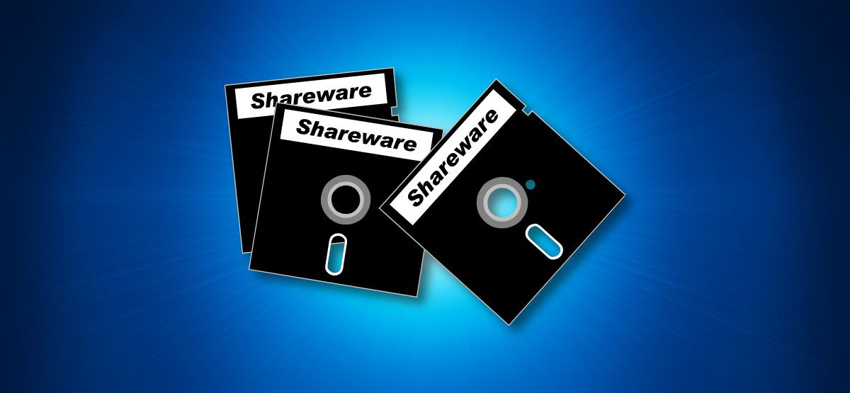 An illustration of shareware disks on a blue background.