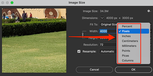 Select a size unit on the "Image Size" window in Photoshop.