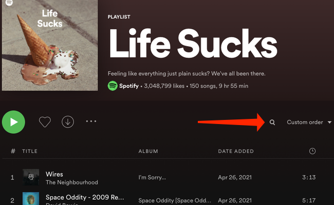 Click the magnifying glass icon to search for songs within Spotify playlists on Windows and Mac