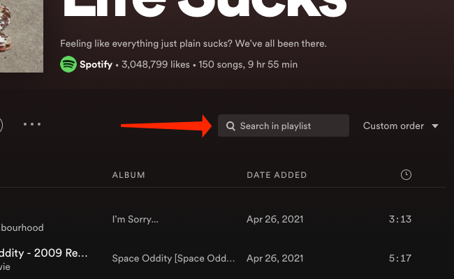 The Search in playlist option on Spotify for Windows and Mac