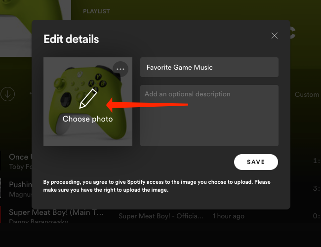 Click Choose photo to change Spotify playlist picture on desktop