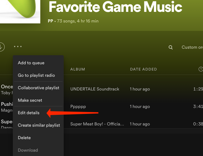 Click Edit details to reveal the option to change Spotify playlist picture on desktop