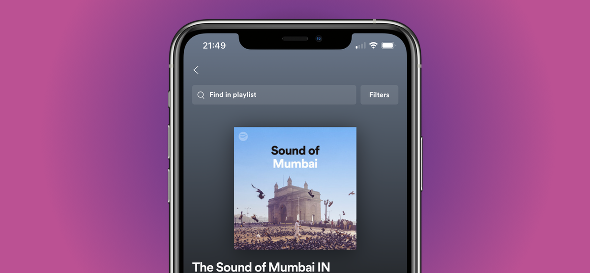 A Spotify playlist on iPhone, with the Find in playlist option shown on screen