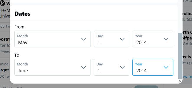 Enter the date range in Twitter Advanced Search.