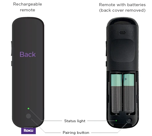 Back of rechargeable and battery-powered Roku remotes.